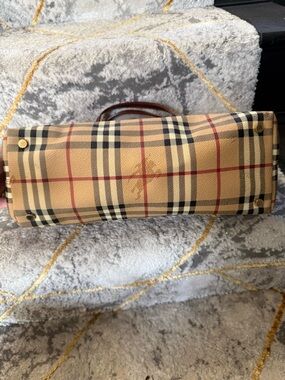 Burberry Beige Check Canvas Top-Handle Tote with Red and Black Accents